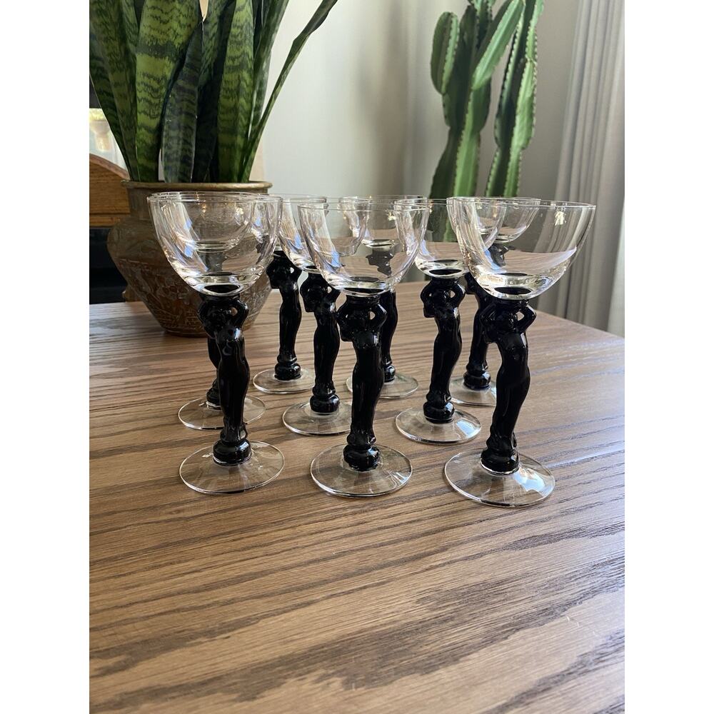Vintage Cambridge Glass Co #3011 Black Statuesque Nude Stem Cocktail Glasses (9)
